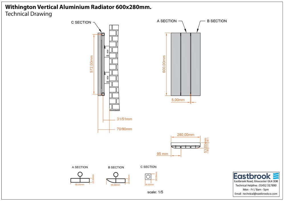 Eastbrook Withington Matt Black Vertical Aluminium Radiator 600mm High x 280mm Wide Technical Image