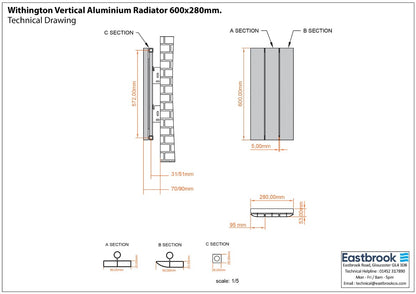 Eastbrook Withington Matt Black Vertical Aluminium Radiator 600mm High x 280mm Wide Technical Image