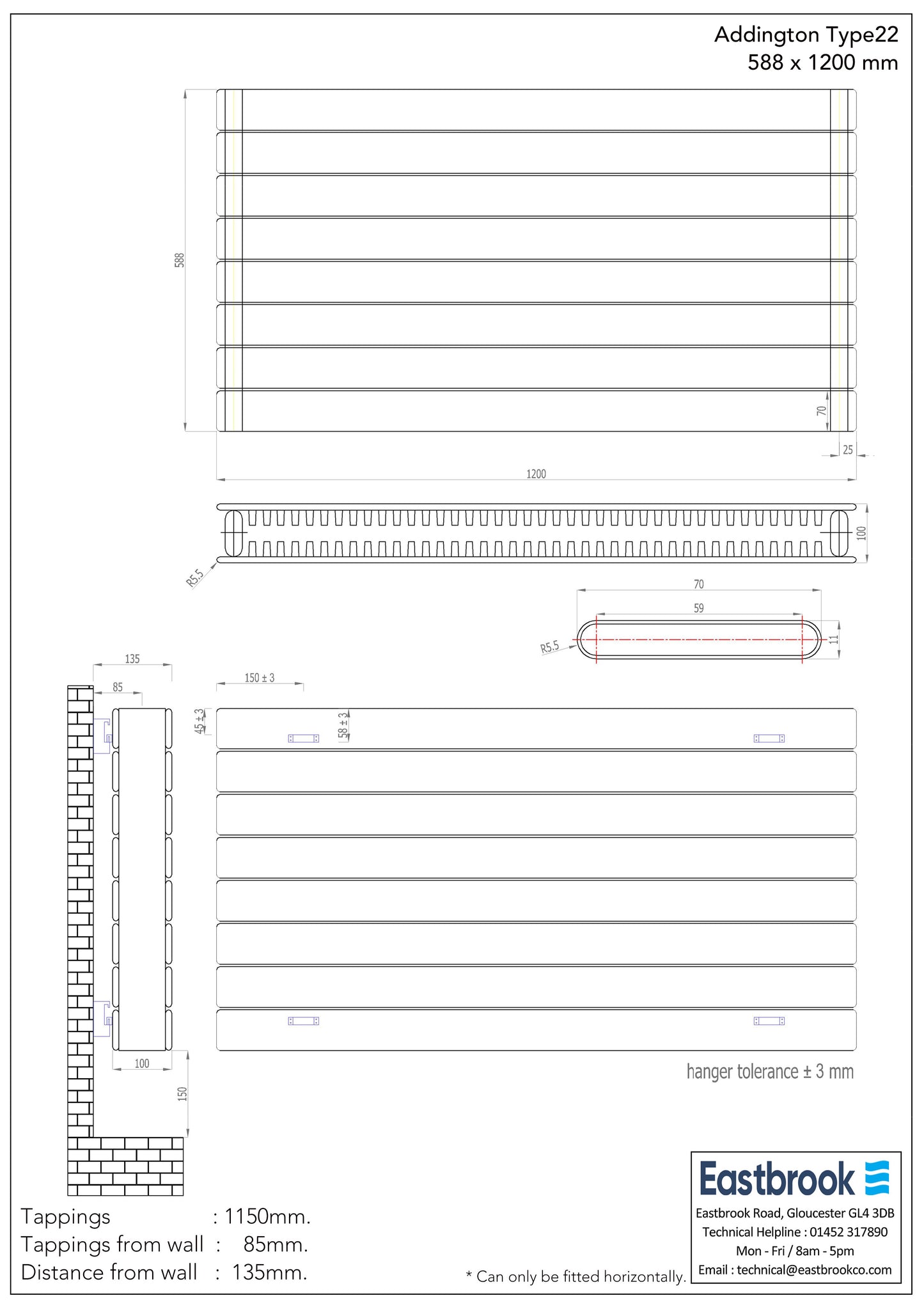 Eastbrook Addington Gloss White Type 22 Designer Radiator 588mm x 1200mm Technical Image 91.0054