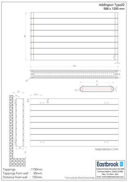 Eastbrook Addington Gloss White Type 22 Designer Radiator 588mm x 1200mm Technical Image 91.0054