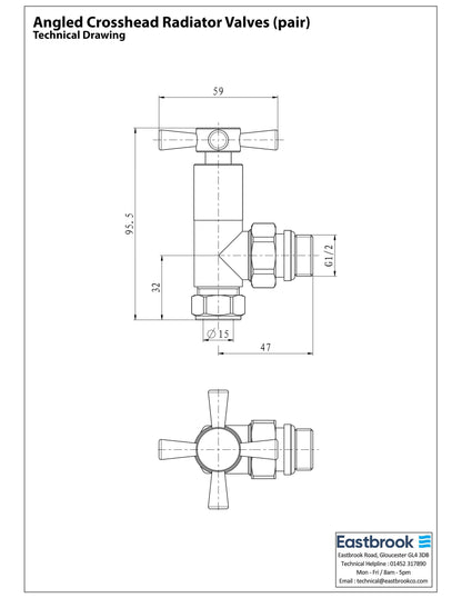 Eastbrook Angled Chrome Crosshead Manual Radiator Valves 15mm (Pair) Technical Image 54.0025