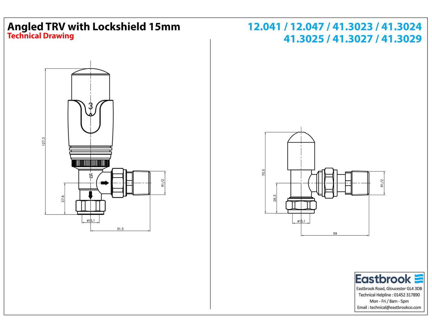 Eastbrook Angled Matt Cappuccino Thermostatic Radiator Valve & Lockshield 15mm (pair) Technical Image 41.3029