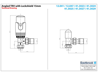 Eastbrook Angled Matt Cappuccino Thermostatic Radiator Valve & Lockshield 15mm (pair) Technical Image 41.3029