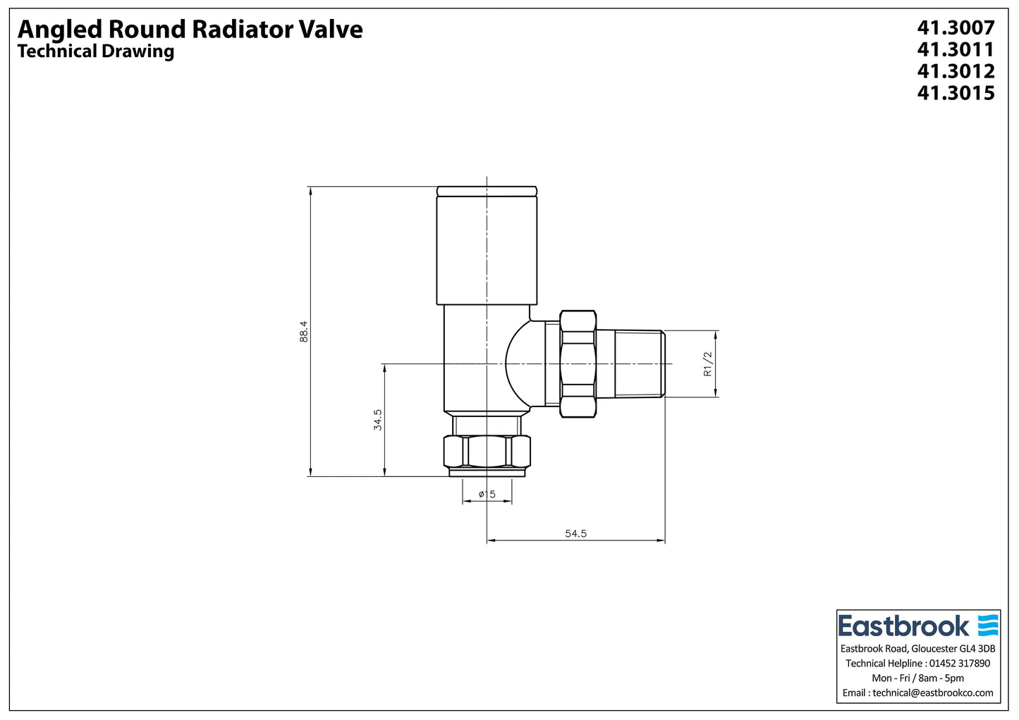 Eastbrook Angled Matt White Manual Radiator Valves 15mm (Pair) Technical Image 41.3011