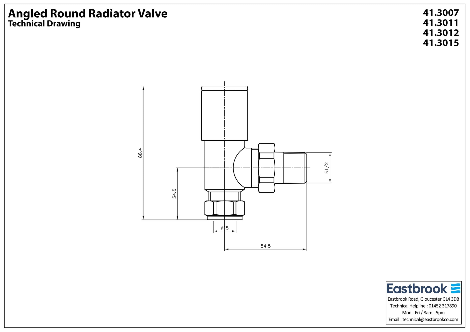 Eastbrook Angled Matt White Manual Radiator Valves 15mm (Pair) Technical Image 41.3011