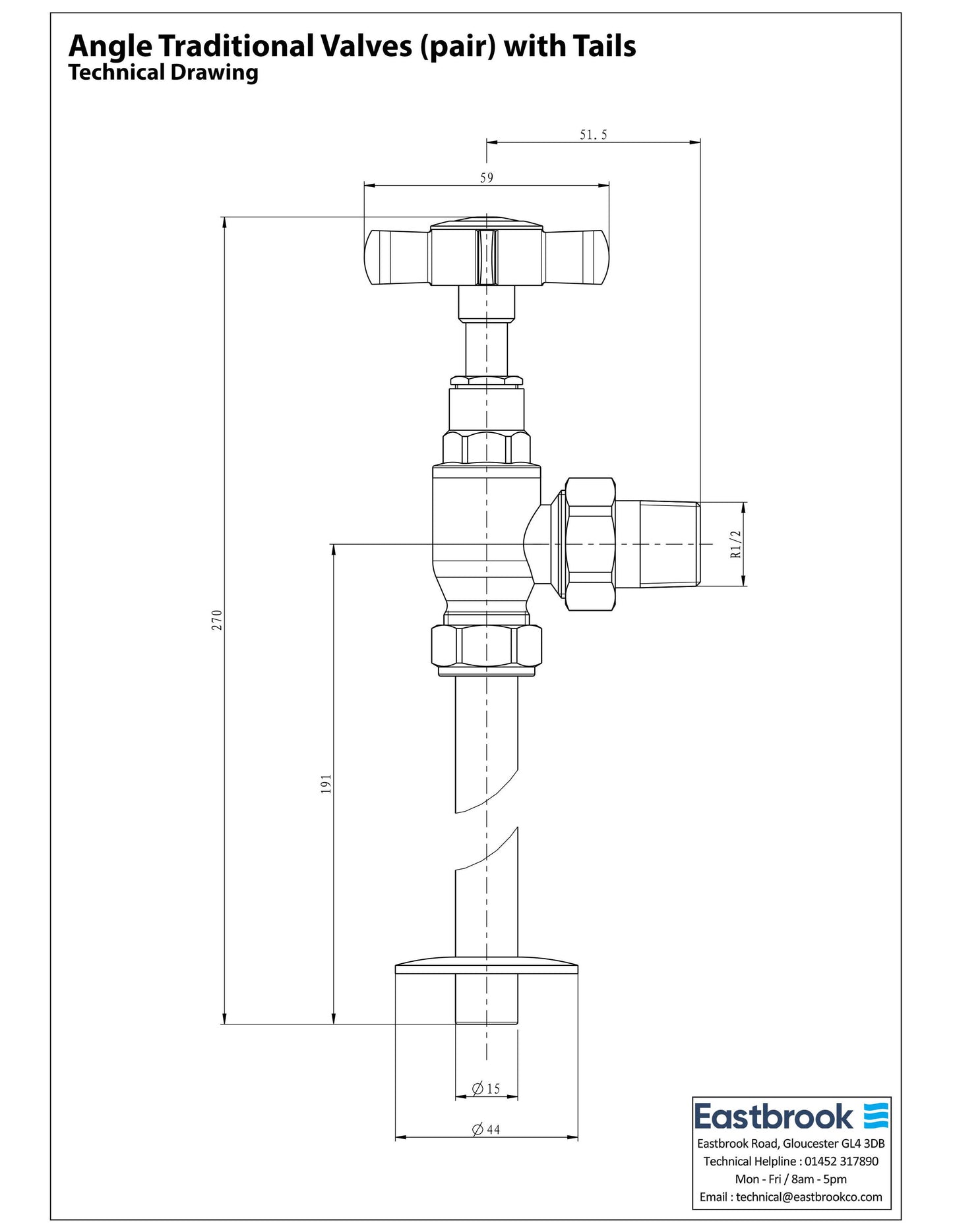 Eastbrook Angled Traditional Valves with Tails (pair) Technical Image 54.0001