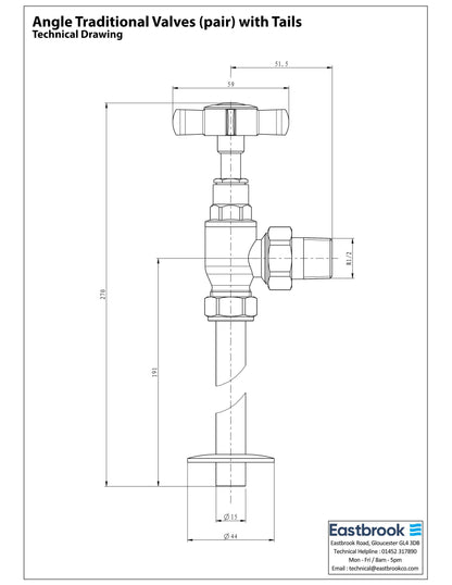 Eastbrook Angled Traditional Valves with Tails (pair) Technical Image 54.0001