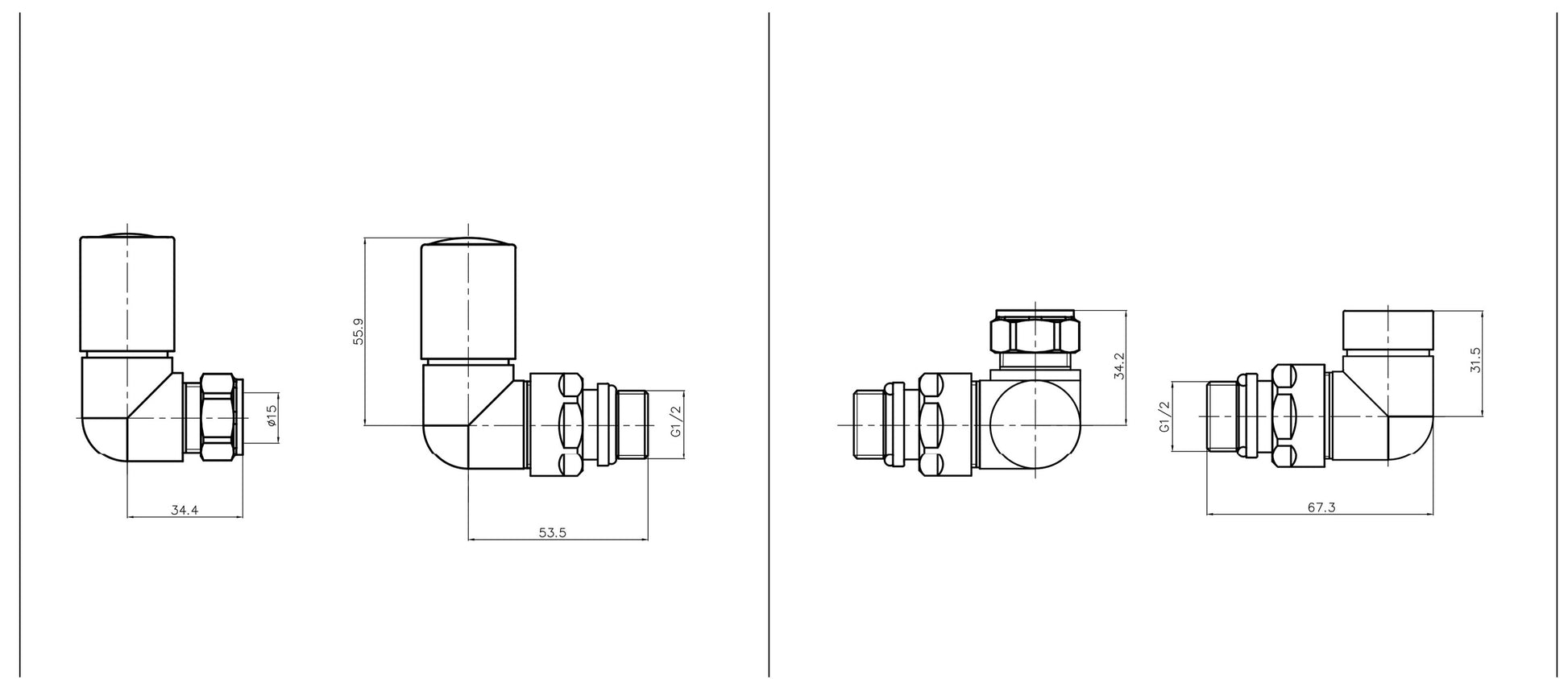 Eastbrook Corner Chrome Manual Radiator Valves 15mm (Pair) Technical Image