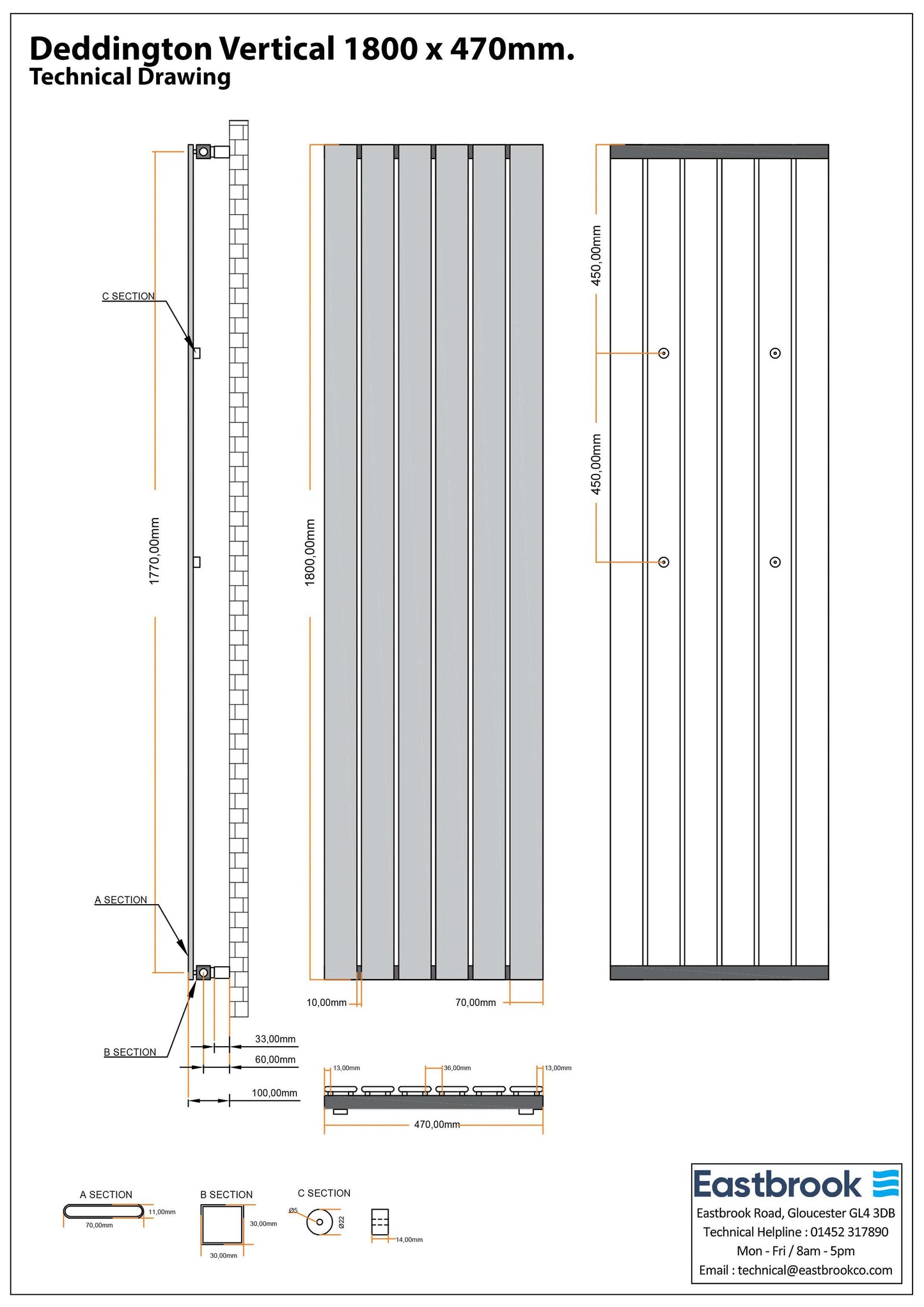 Eastbrook Deddington Chrome Vertical Single Panel Designer Radiator 1800mm x 470mm Technical Image 89.0795