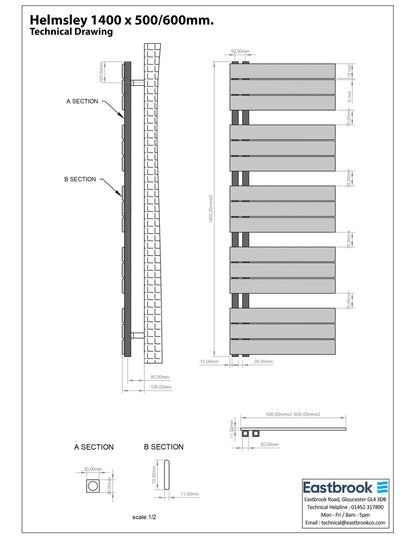 Eastbrook Helmsley Matt Black Designer Towel Rail 1400mm x 500mm Technical Image 89.0642