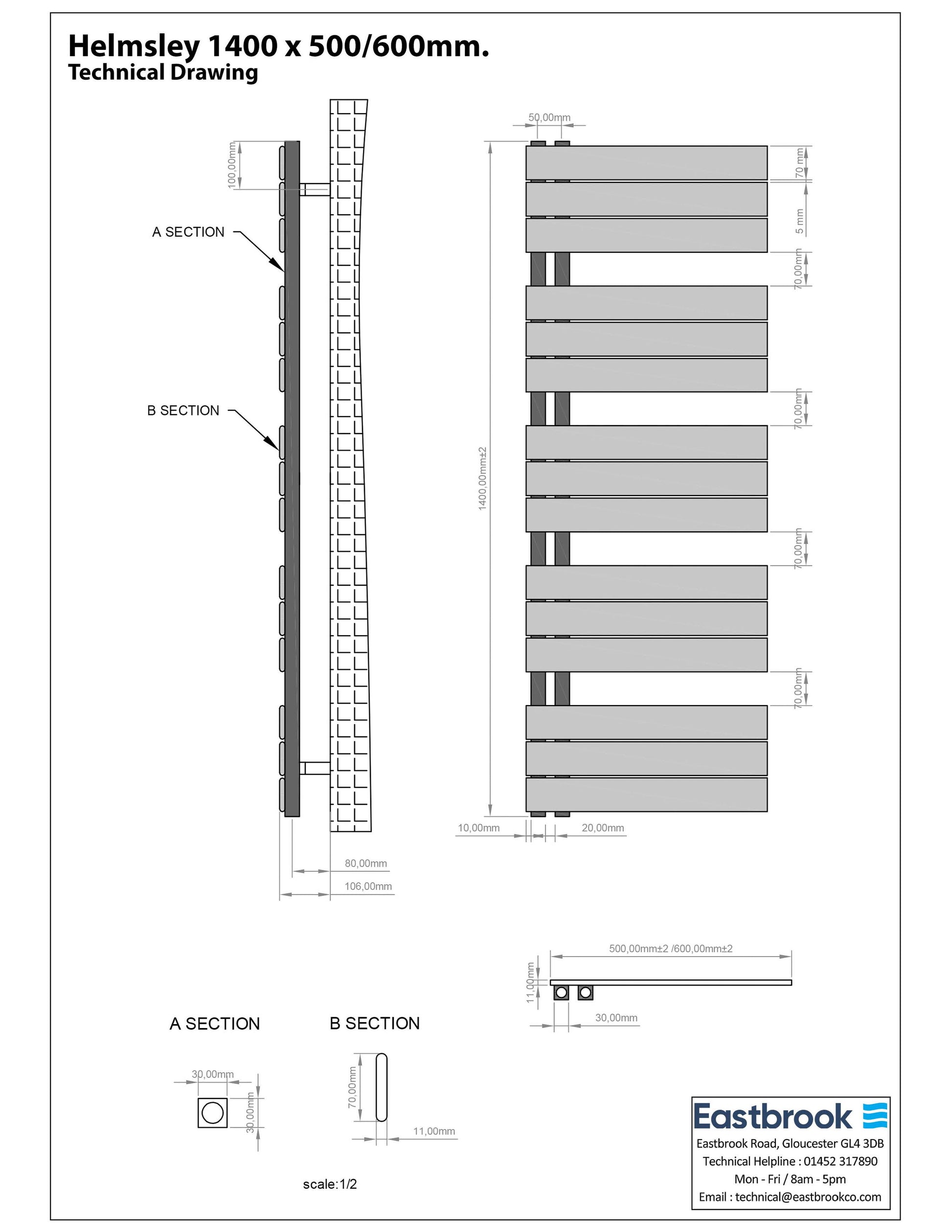 Eastbrook Helmsley Matt Grey Designer Towel Rail 1400mm x 500mm Technical Image 89.0626