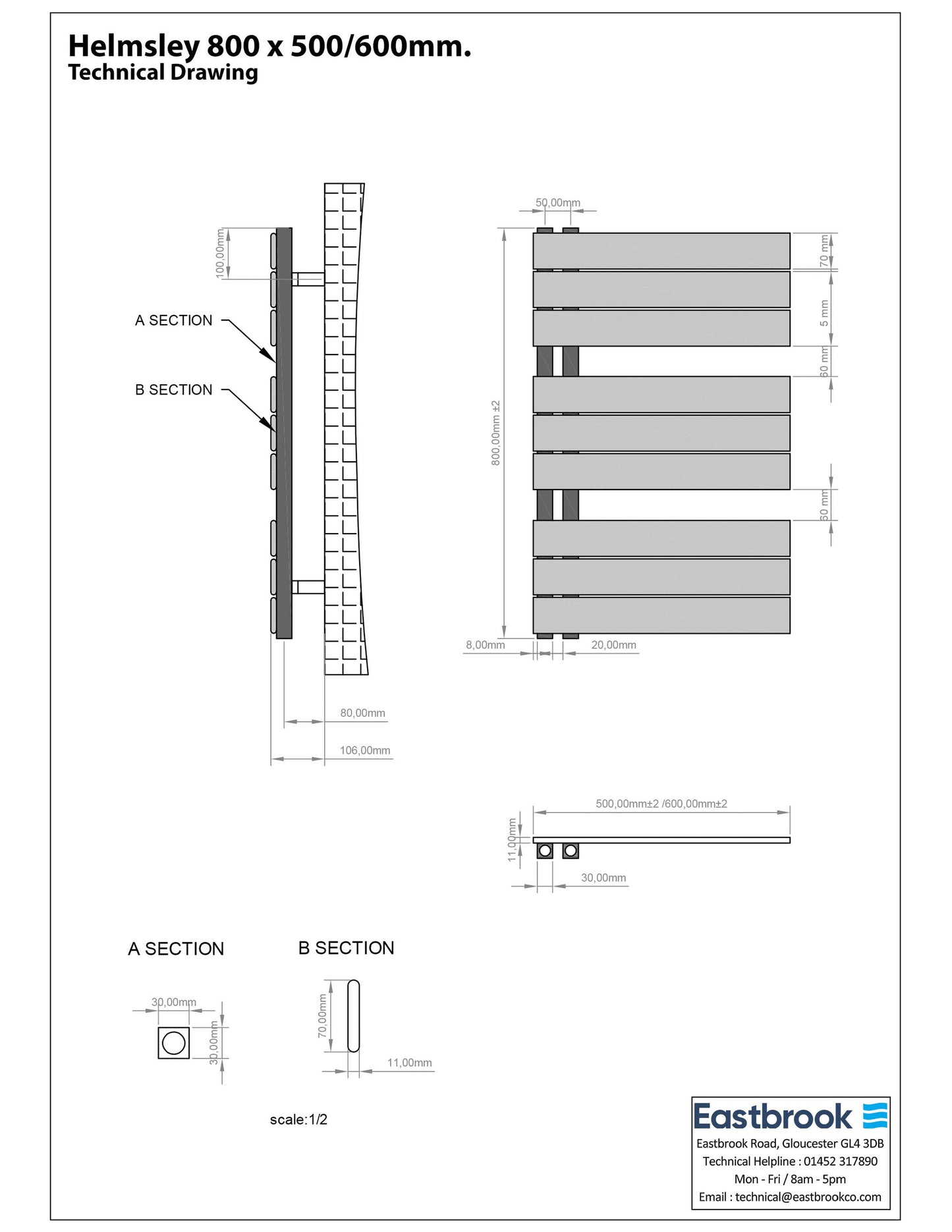 Eastbrook Helmsley Matt Grey Designer Towel Rail 800mm x 600mm Technical Image 89.0623