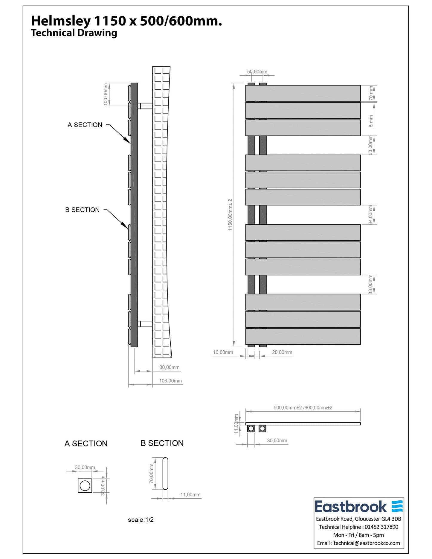 Eastbrook Helmsley Matt White Designer Towel Rail 1150mm x 600mm Technical Image 89.0617