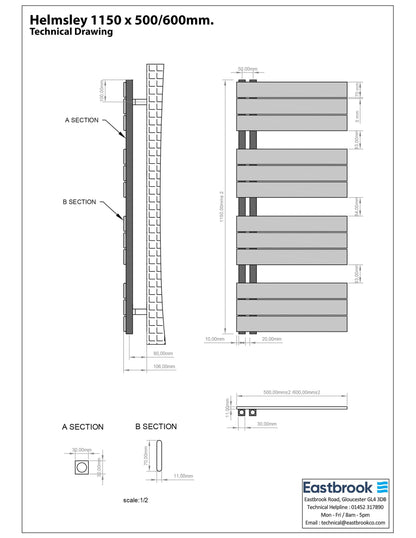 Eastbrook Helmsley Matt White Designer Towel Rail 1150mm x 600mm Technical Image 89.0617