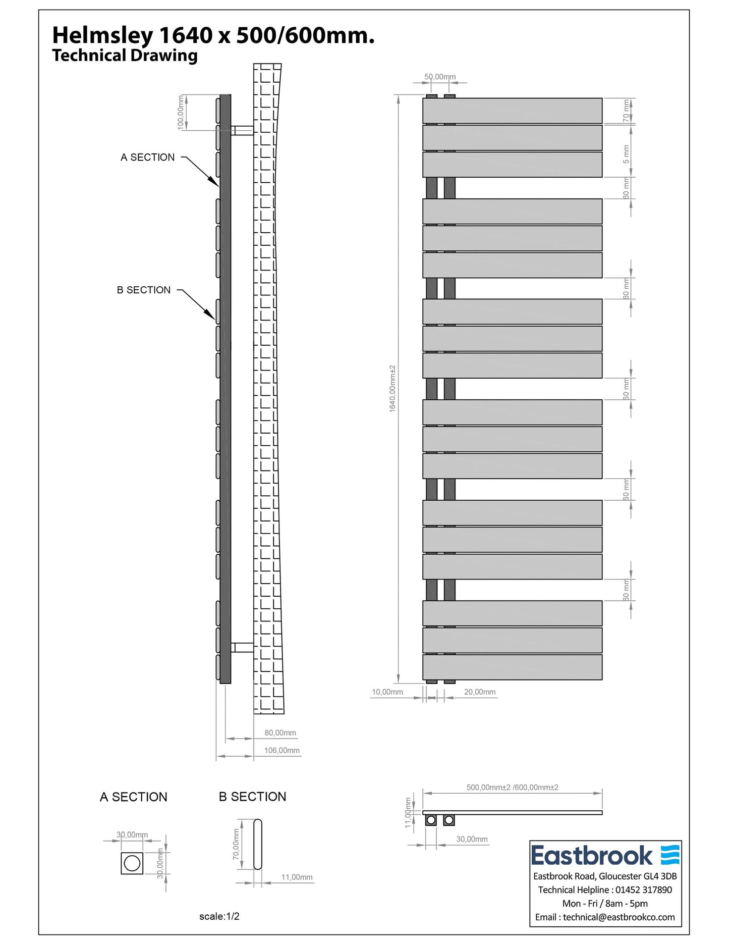 Eastbrook Helmsley Matt White Designer Towel Rail 1640mm x 500mm Technical Image 89.0620