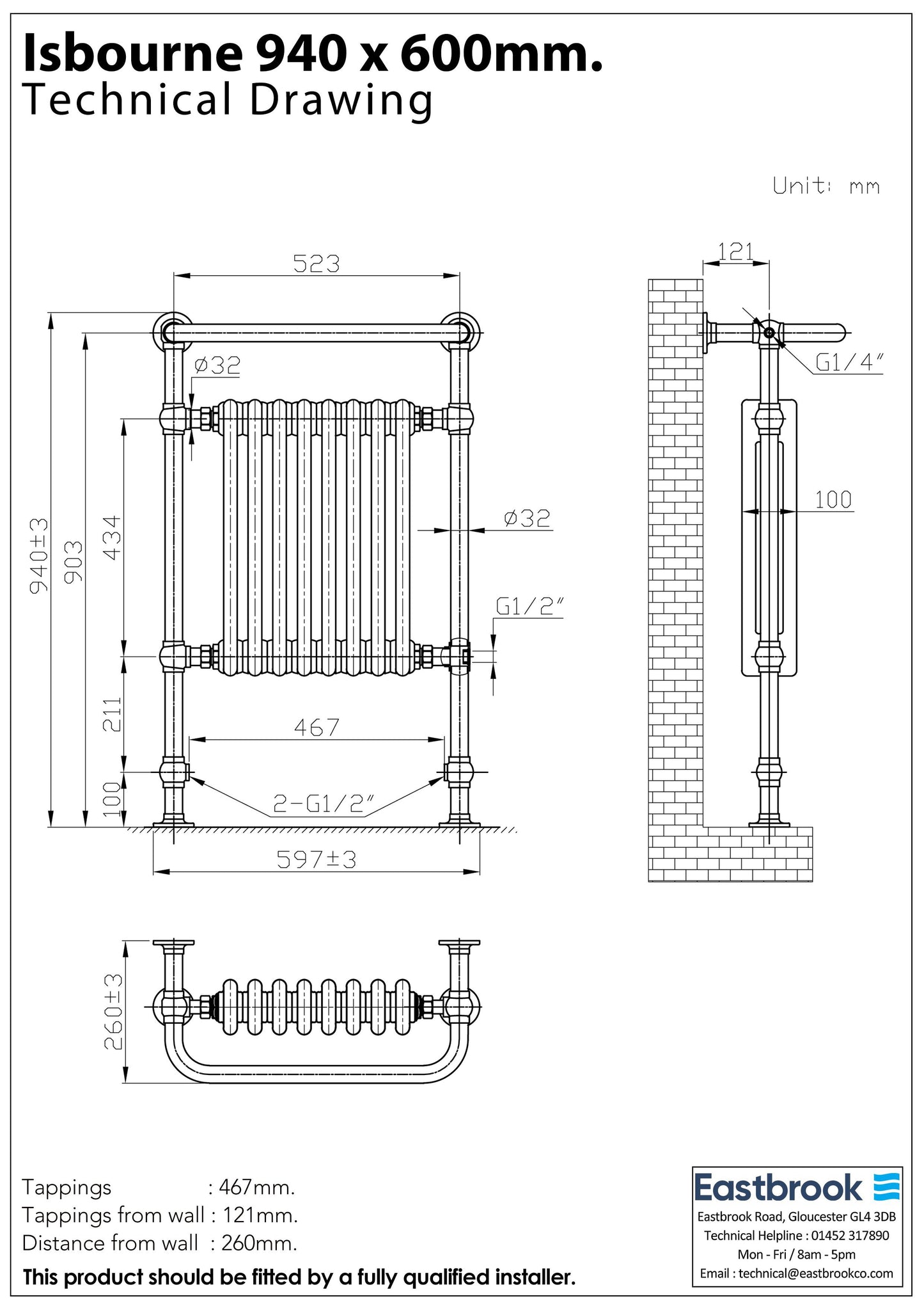Eastbrook Isbourne 940mm High x 600mm Wide Chrome and Gloss White Traditional Radiator Technical Image