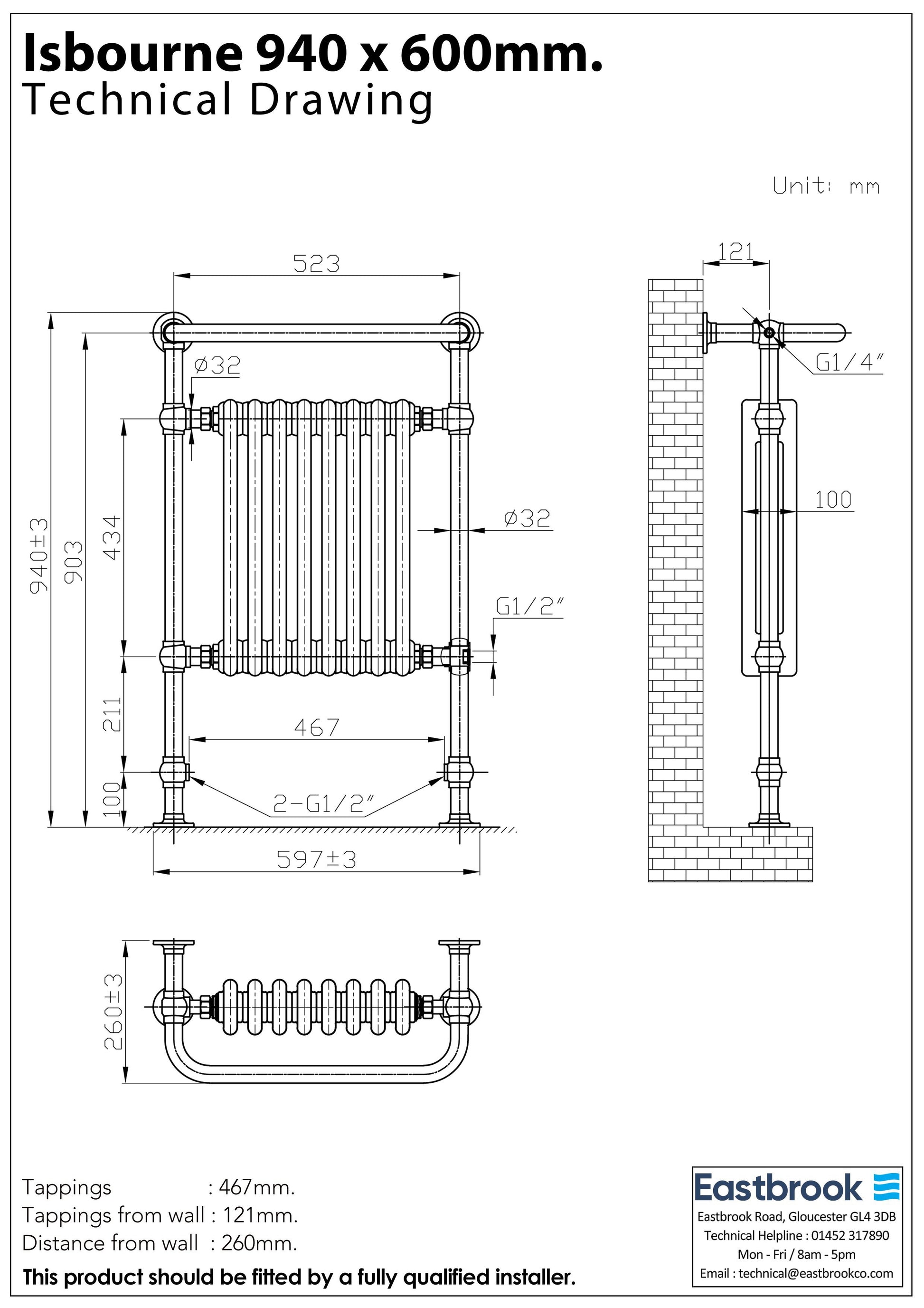 Eastbrook Isbourne 940mm High x 600mm Wide Chrome and Gloss White Traditional Radiator Technical Image