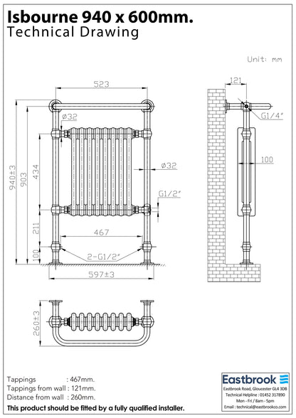 Eastbrook Isbourne 940mm High x 600mm Wide Chrome and Gloss White Traditional Radiator Technical Image