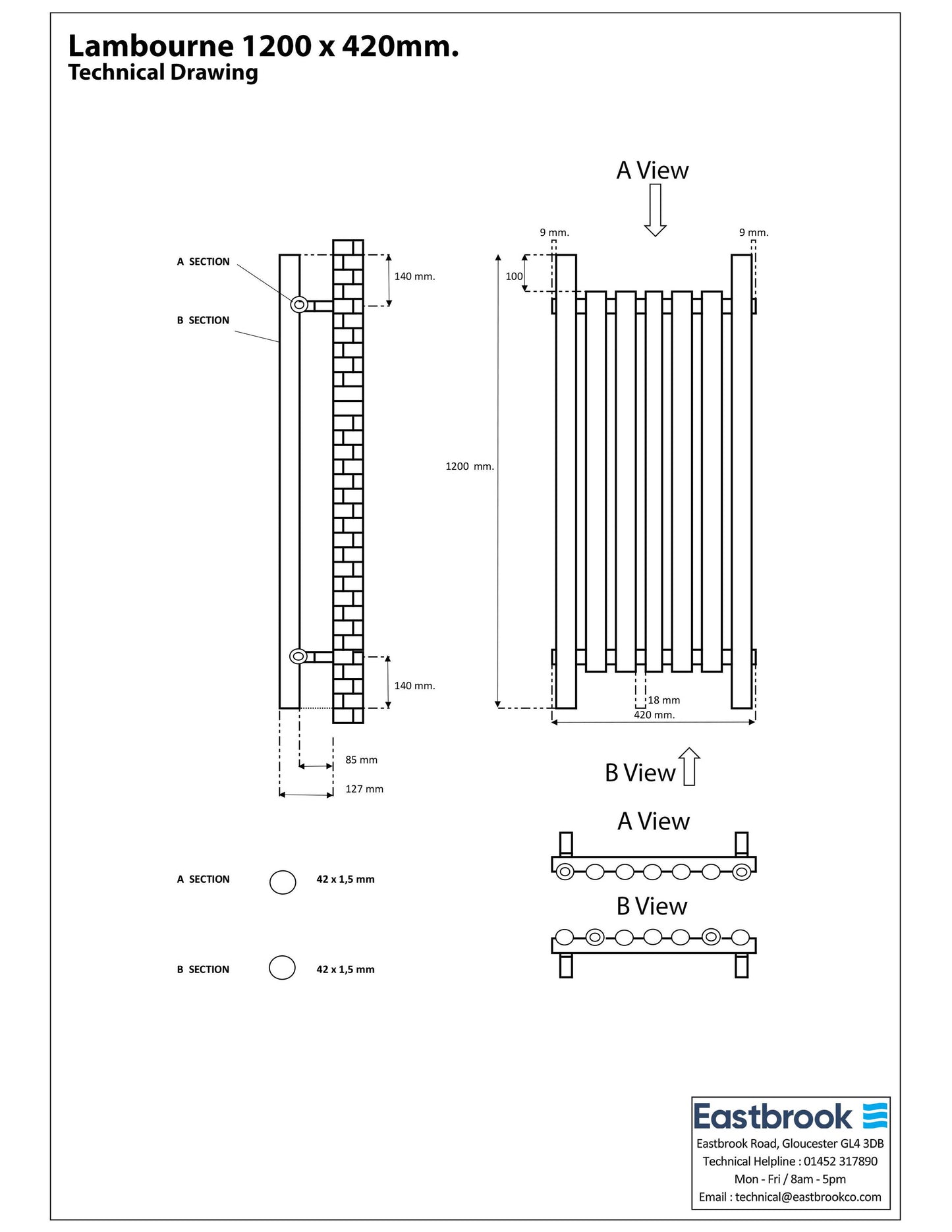 Eastbrook Lambourne Chrome Designer Radiator 1200mm x 420mm Technical Image 89.1709