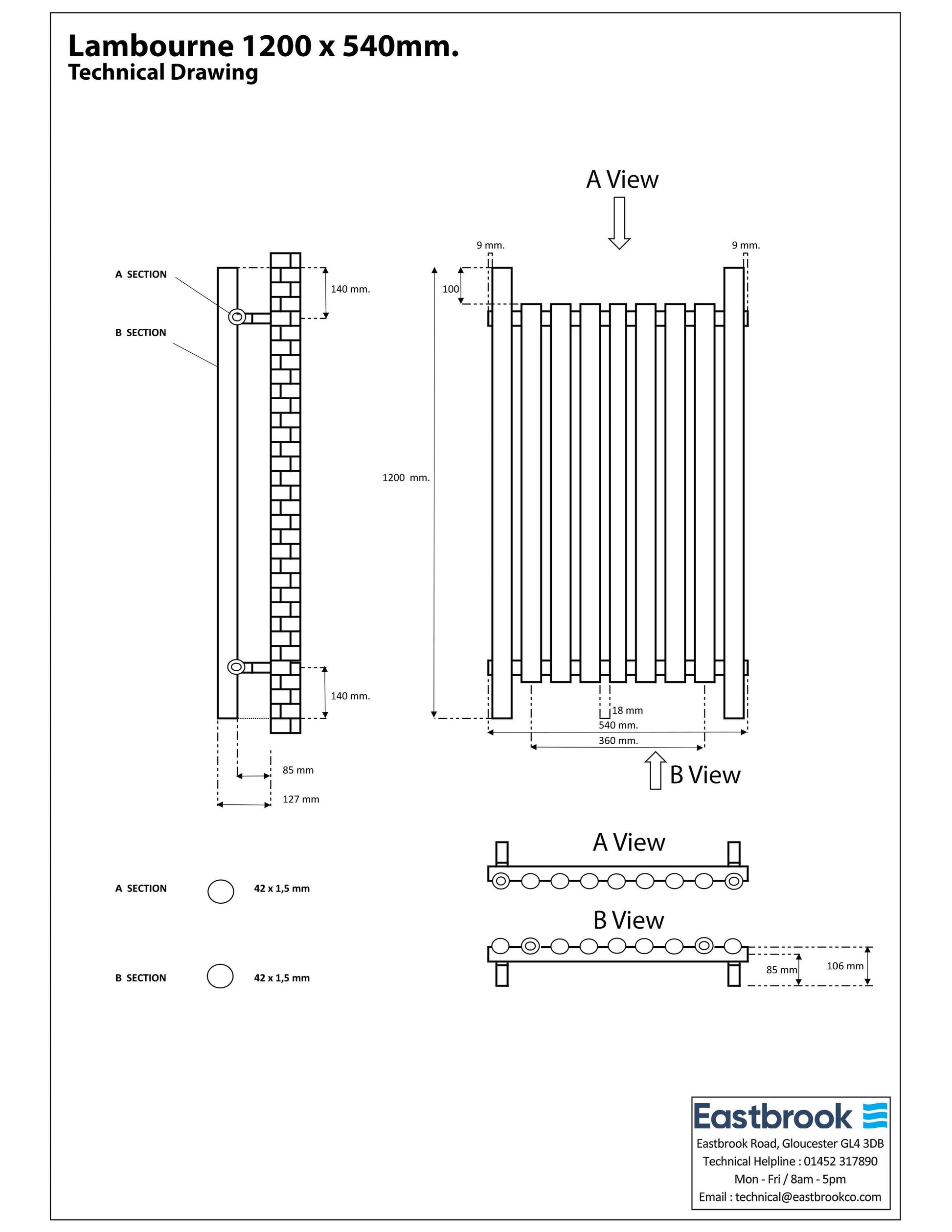 Eastbrook Lambourne Chrome Designer Radiator 1200mm x 540mm Technical Image 89.1710