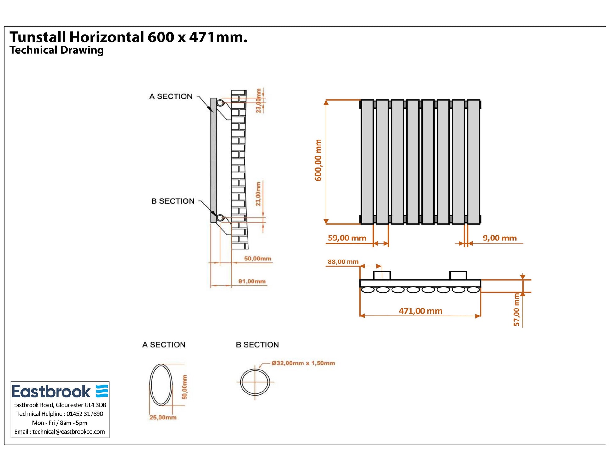 Eastbrook Tunstall Horizontal Matt Anthracite Designer Radiator 600mm x 471mm Technical Image 89.1633