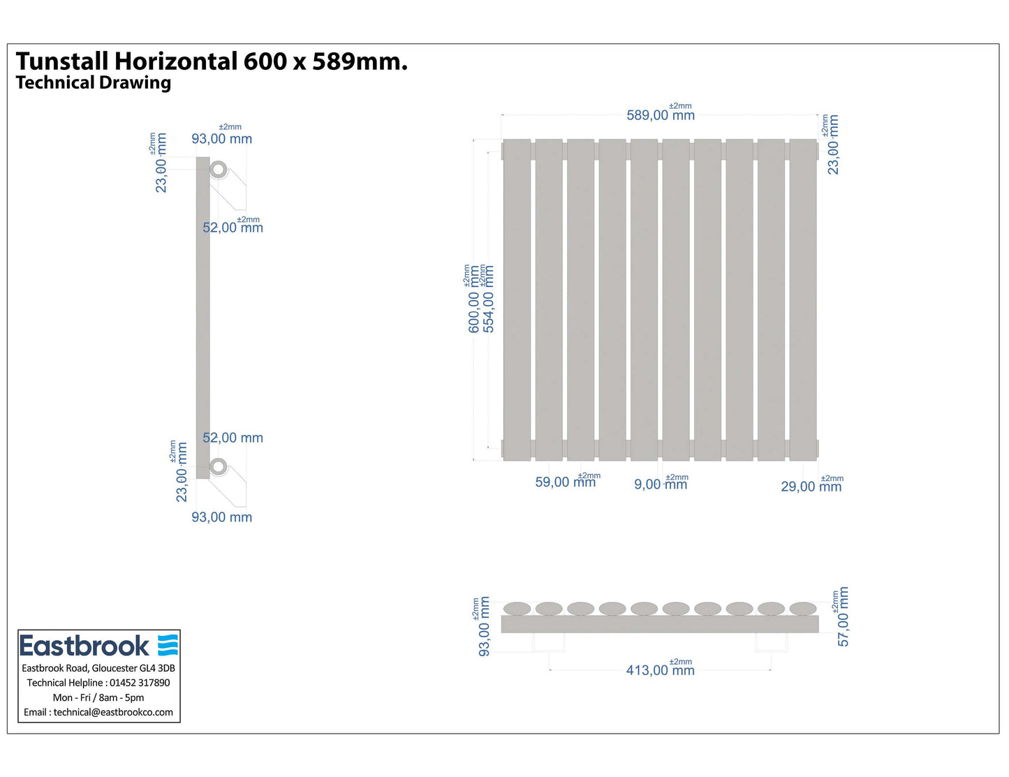 Eastbrook Tunstall Horizontal Matt Anthracite Designer Radiator 600mm x 589mm Technical Image 89.0014