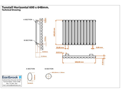 Eastbrook Tunstall Horizontal Matt Anthracite Designer Radiator 600mm x 648mm Technical Image 89.1636