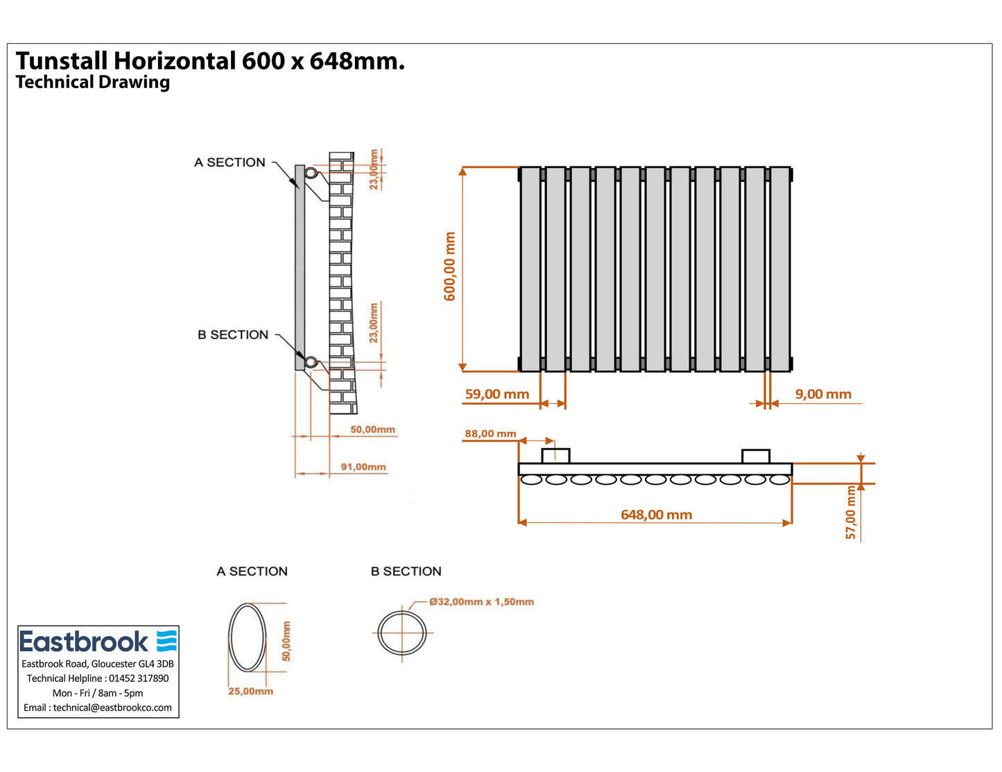 Eastbrook Tunstall Horizontal Matt White Designer Radiator 600mm x 648mm Technical Image 89.1635