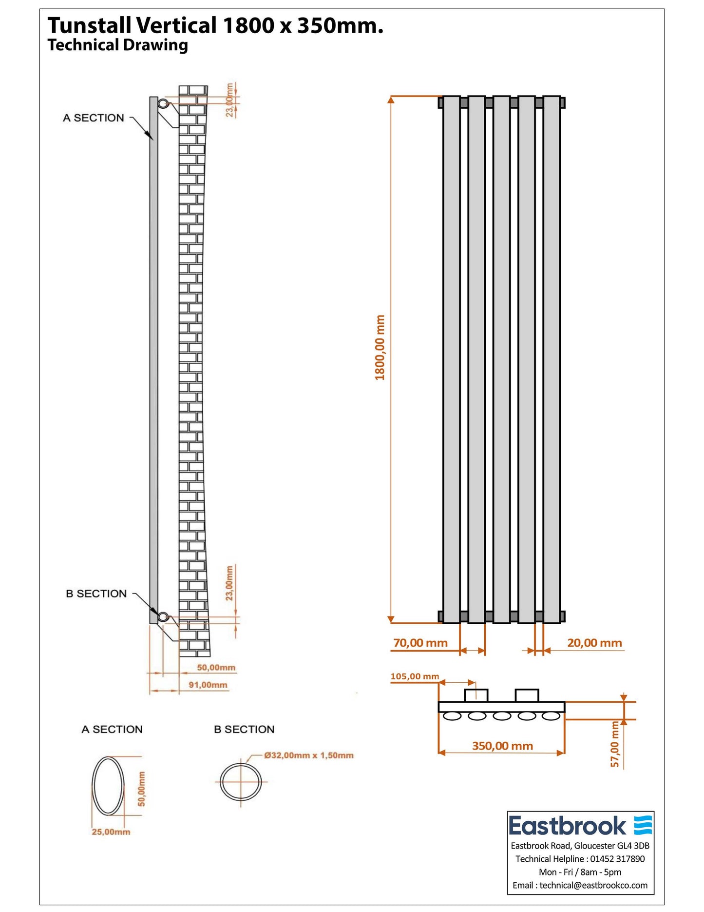 Eastbrook Tunstall Vertical Chrome Designer Radiator 1800mm x 350mm Technical Image 89.1623