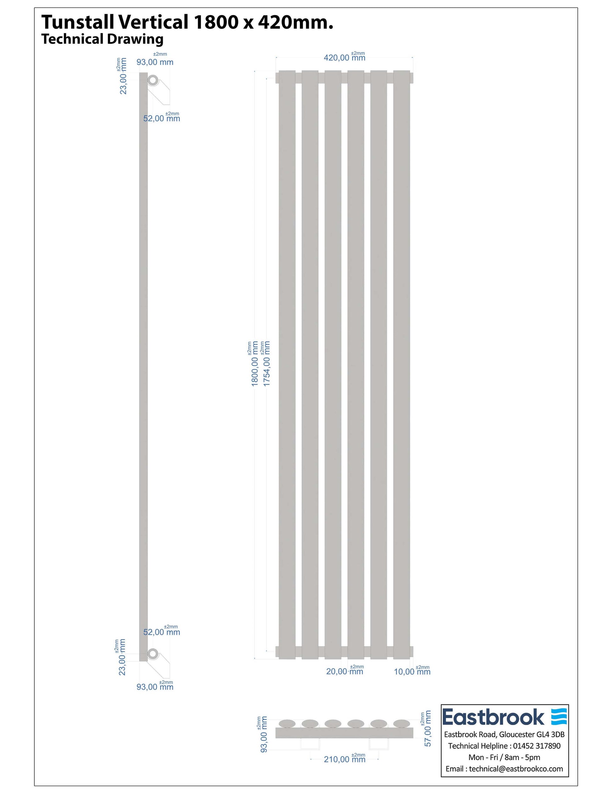 Eastbrook Tunstall Vertical Chrome Designer Radiator 1800mm x 420mm Technical Image 89.0008