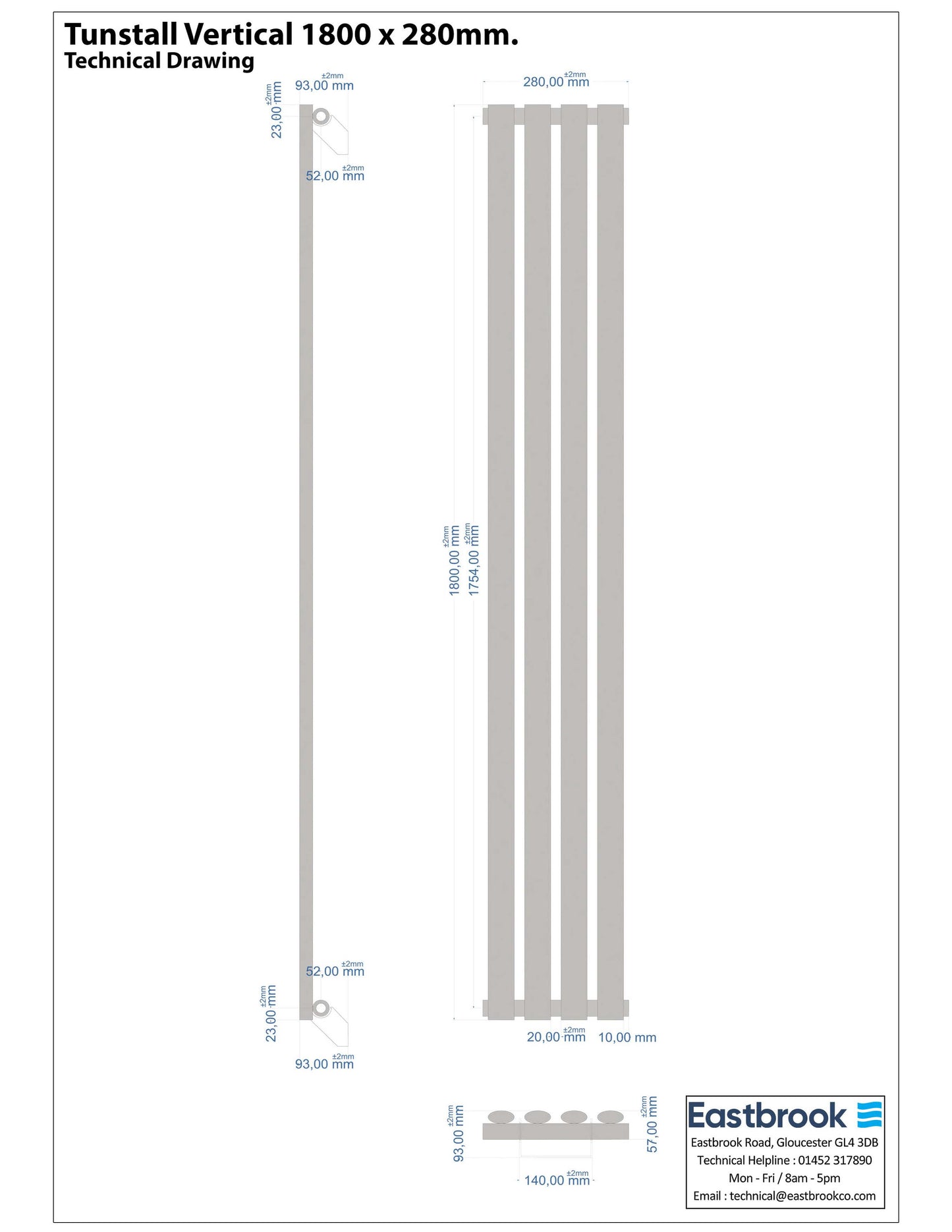 Eastbrook Tunstall Vertical Matt Anthracite Designer Radiator 1800mm x 280mm Technical Image 89.0002