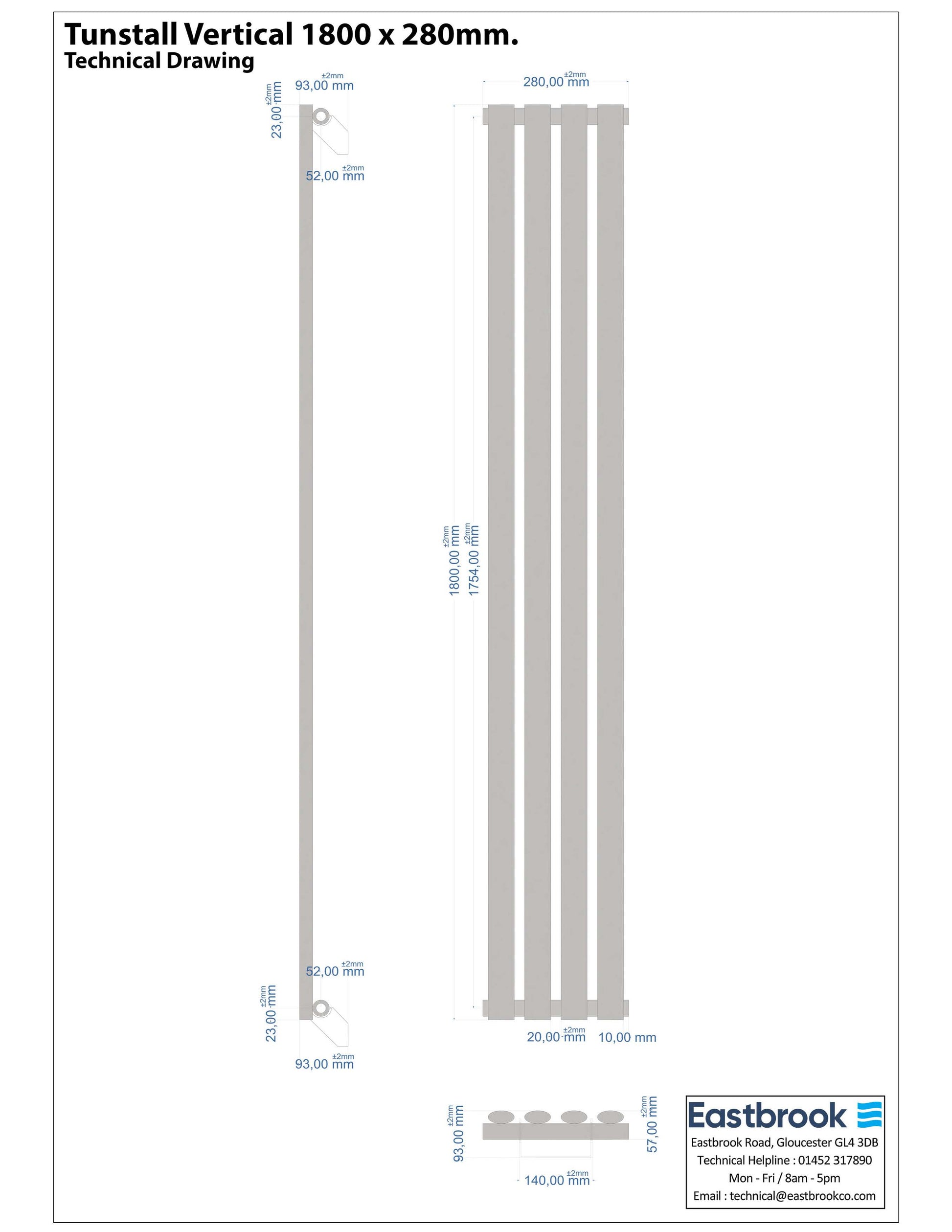 Eastbrook Tunstall Vertical Matt White Designer Radiator 1800mm x 280mm Technical Image 89.0001