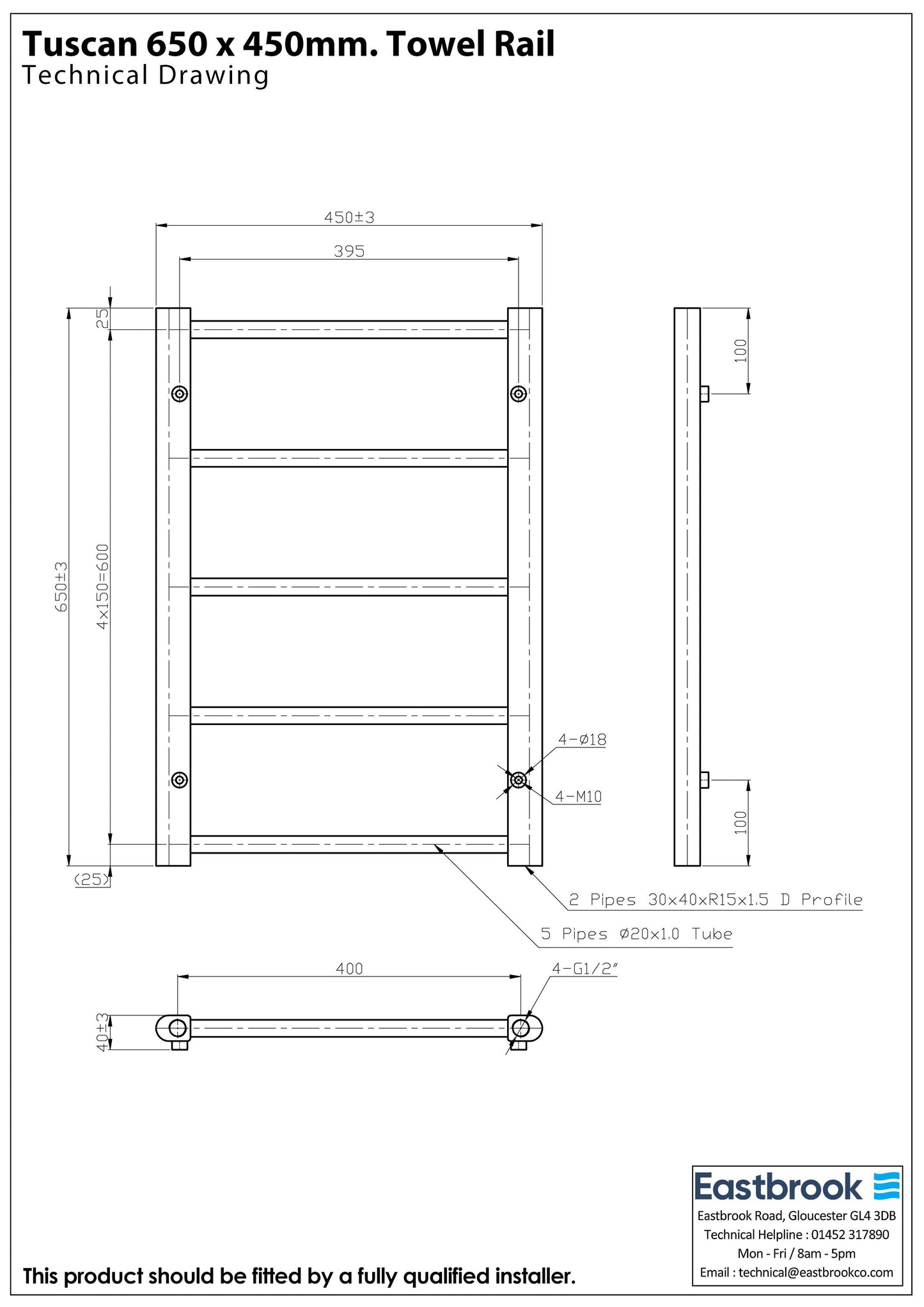 Eastbrook Tuscan Straight Gloss White Towel Rail 650mm x 450mm Technical Image 41.0314