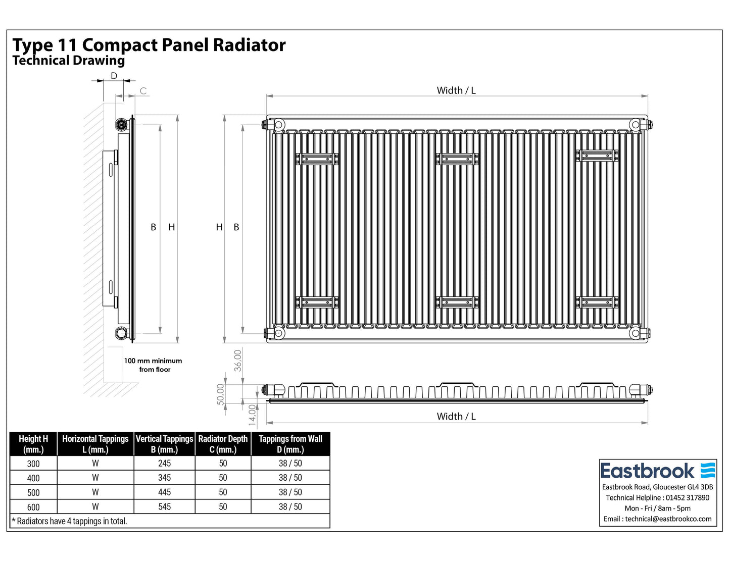 Eastbrook Type 11 Single Panel Gloss White Radiator 300mm High x 1000mm Wide Technical Image 25.0014