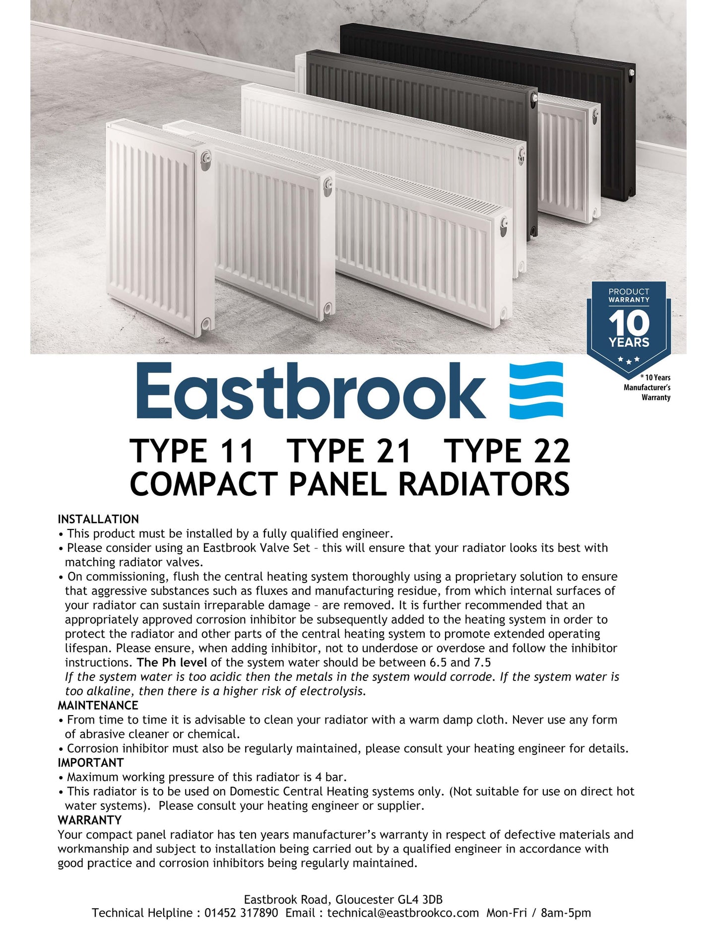 Eastbrook Type 11 Single Panel Gloss White Radiator 300mm High x 1200mm Wide Technical Image 1 25.0015