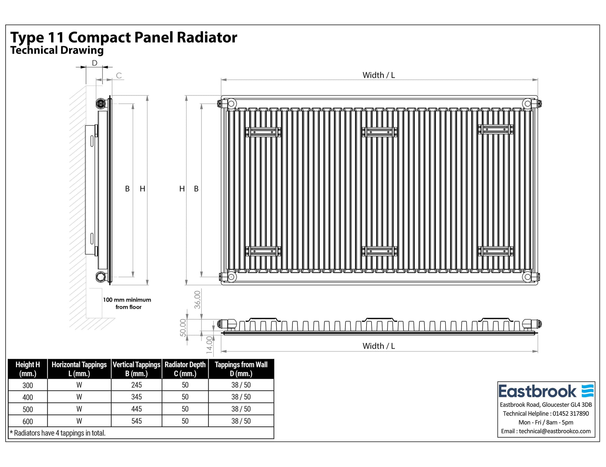 Eastbrook Type 11 Single Panel Gloss White Radiator 400mm High x 1400mm Wide Technical Image 25.0028