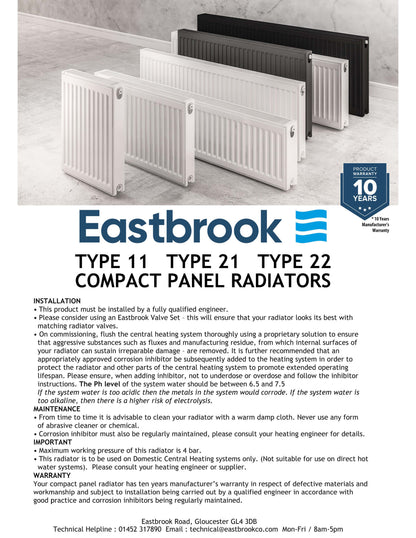 Eastbrook Type 11 Single Panel Gloss White Radiator 400mm High x 500mm Wide Technical Image 1 25.0020