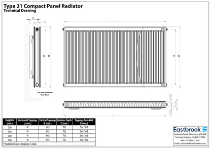 Eastbrook Type 21 Double Panel Gloss White Radiator 500mm High x 1800mm Wide Technical Image 25.0102