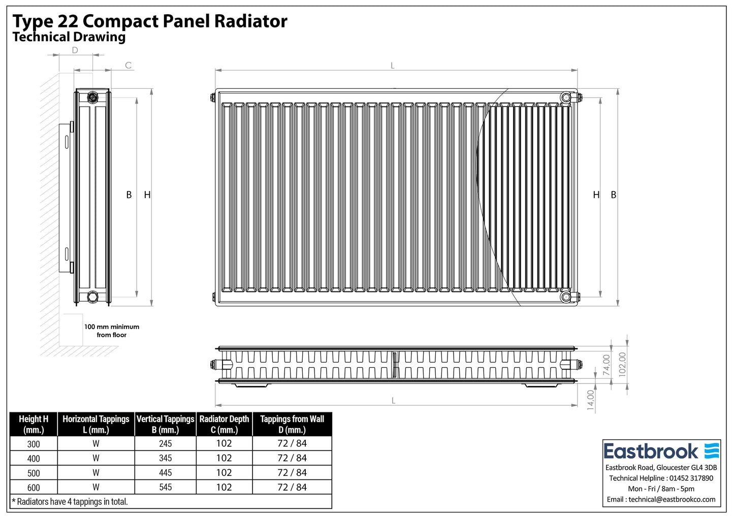 Eastbrook Type 22 Double Panel Gloss White Radiator 300mm High x 800mm Wide Technical Image 25.0137