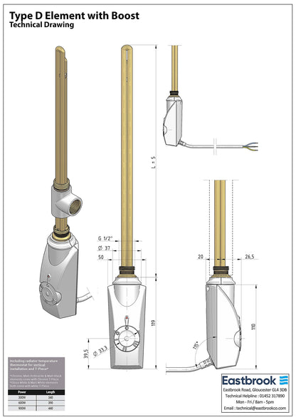 Eastbrook Type D Chrome Thermostatic Heating Element With Boost - 600 Watt Technical Image 8.321