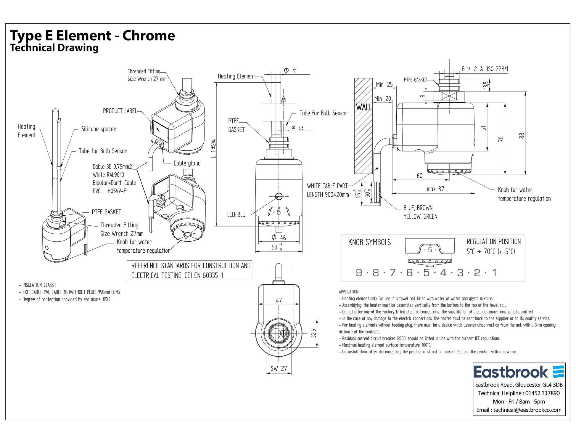 Eastbrook Type E White Thermostatic Heating Element - 150 Watt Technical Image 8.034