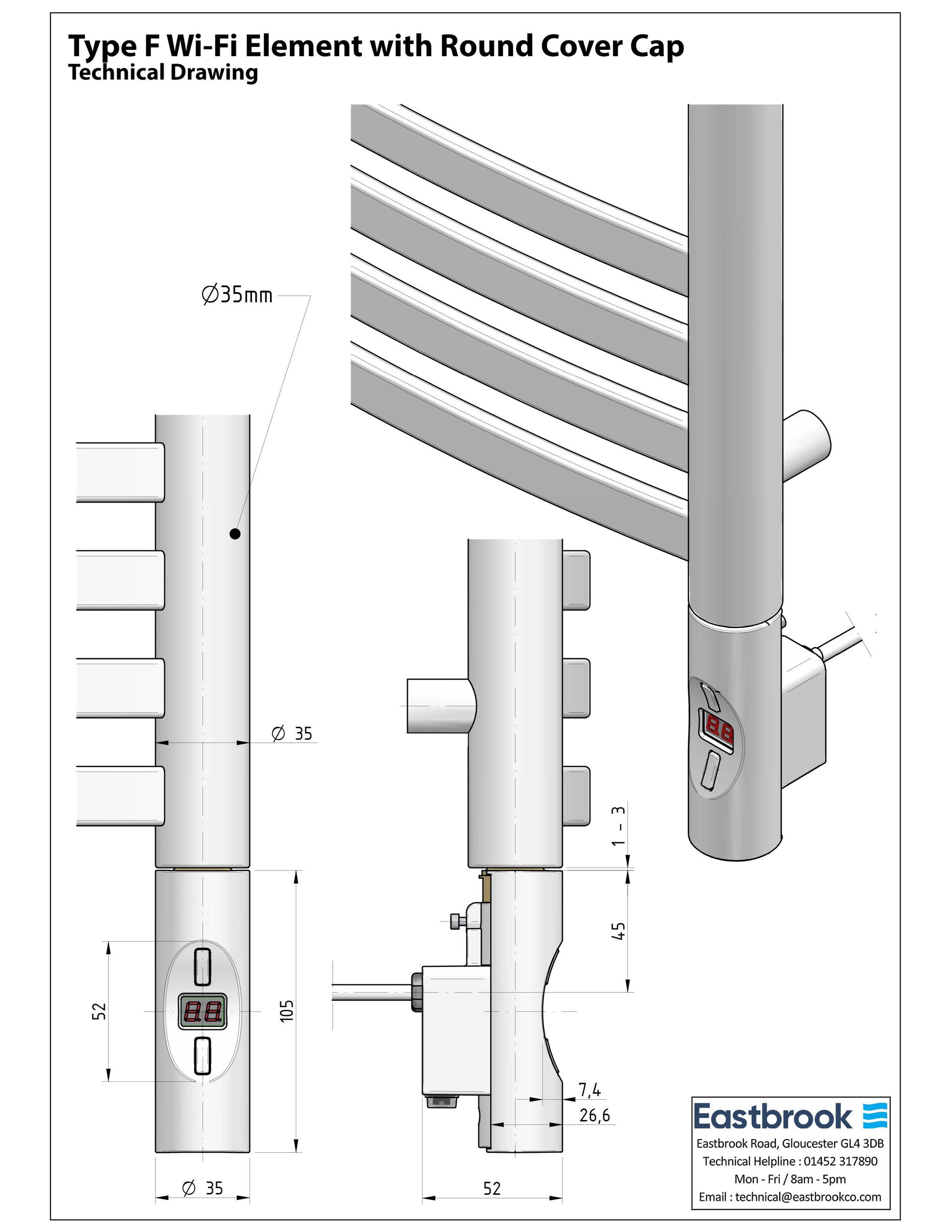 Eastbrook Type F Chrome Round Thermostatic Heating Element With WIFI - 1200 Watt Technical Image 8.503