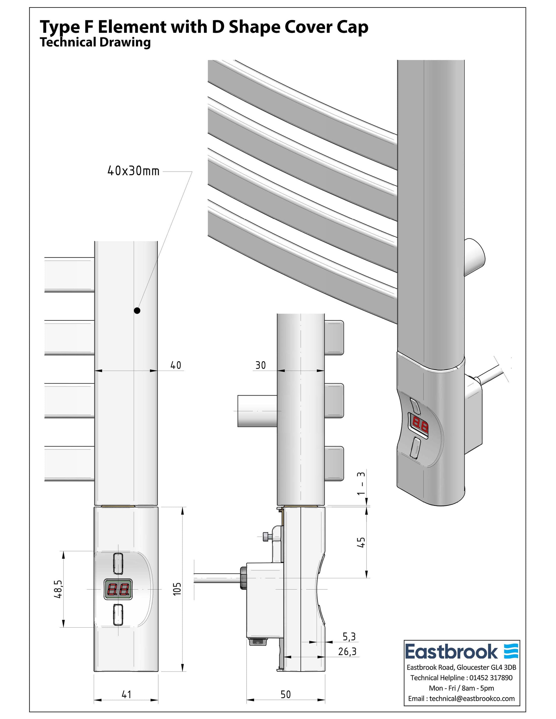 Eastbrook Type F Gloss White D-Shape Thermostatic Heating Element - 150 Watt Technical Image 8.338