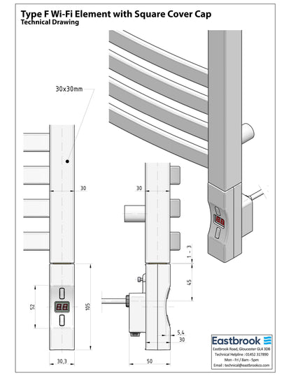 Eastbrook Type F Matt Black Square Thermostatic Heating Element With WIFI - 900 Watt Technical Image 8.537