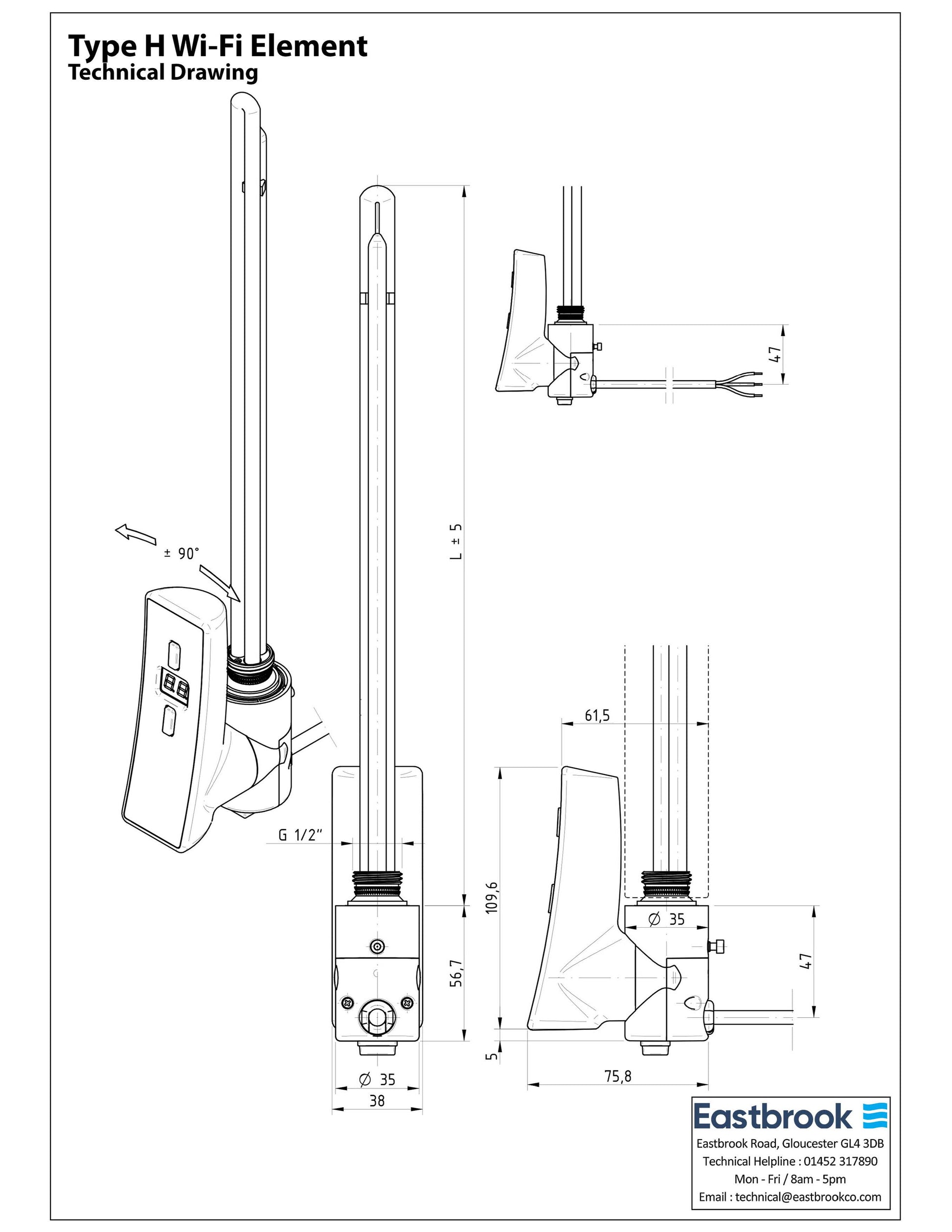 Eastbrook Type H Gloss White Thermostatic Heating Element - 300 Watt Technical Image 8.539