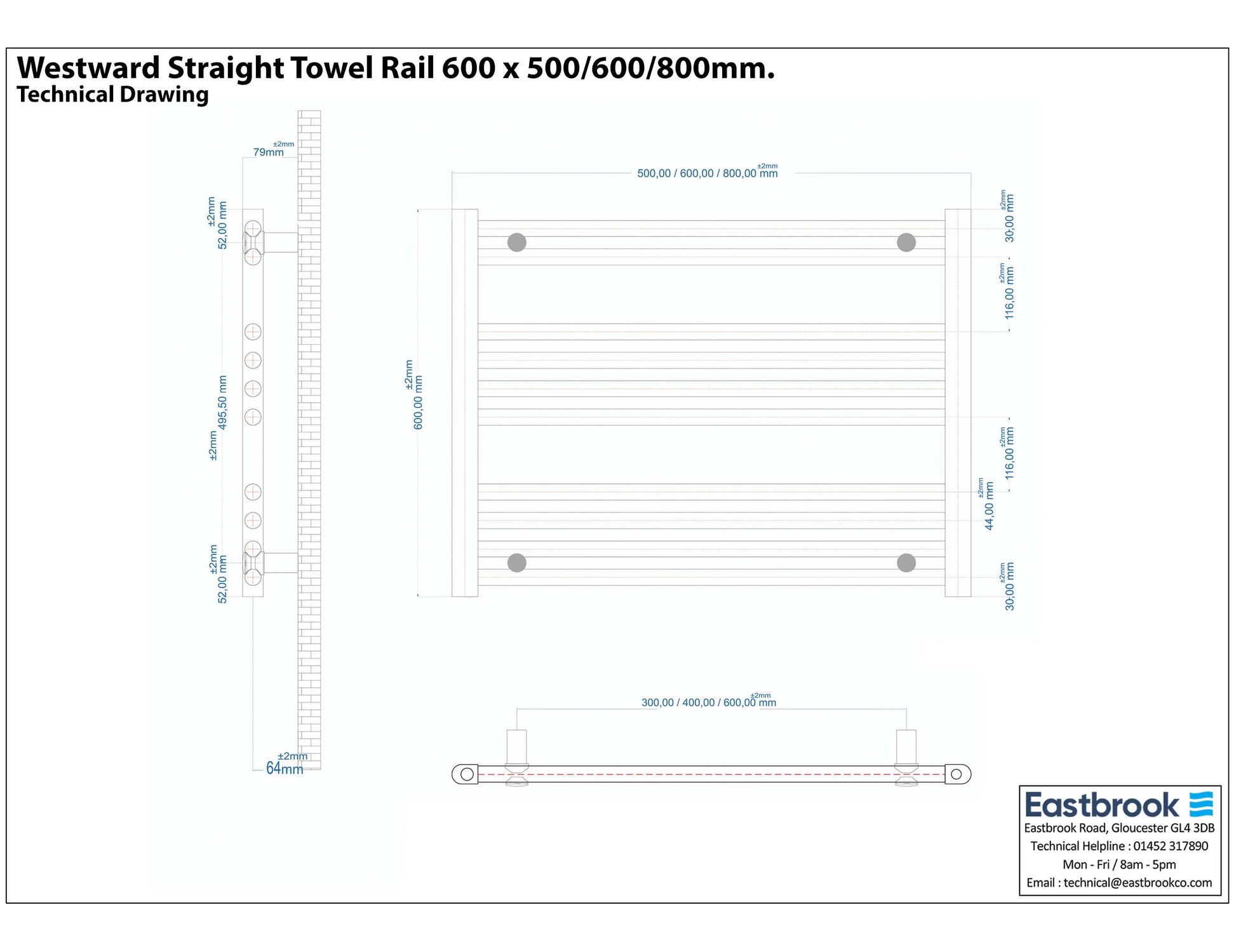 Eastbrook Westward Electric Straight Chrome Towel Rail 600mm x 800mm Technical Image 89.0586-ELE