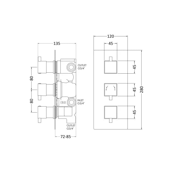 Nuie Chrome Triple Thermostatic Shower Valve With Diverter