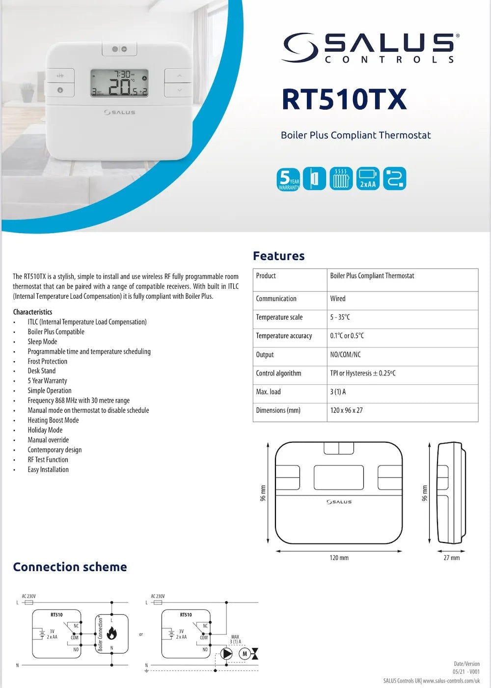 Salus RT510TX Room Thermostat Technical Image