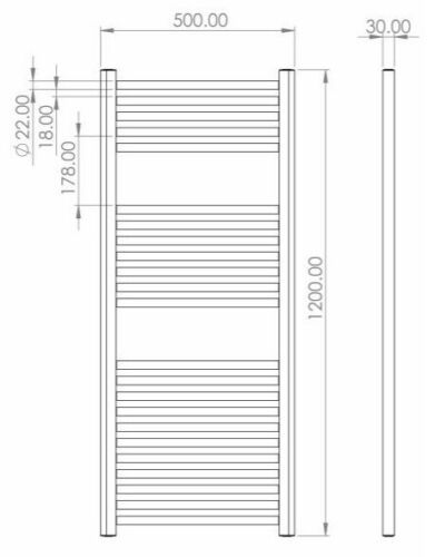 Saneux Matt Black Straight Electric Towel Rail 1200mm High x 500mm Wide Technical Image