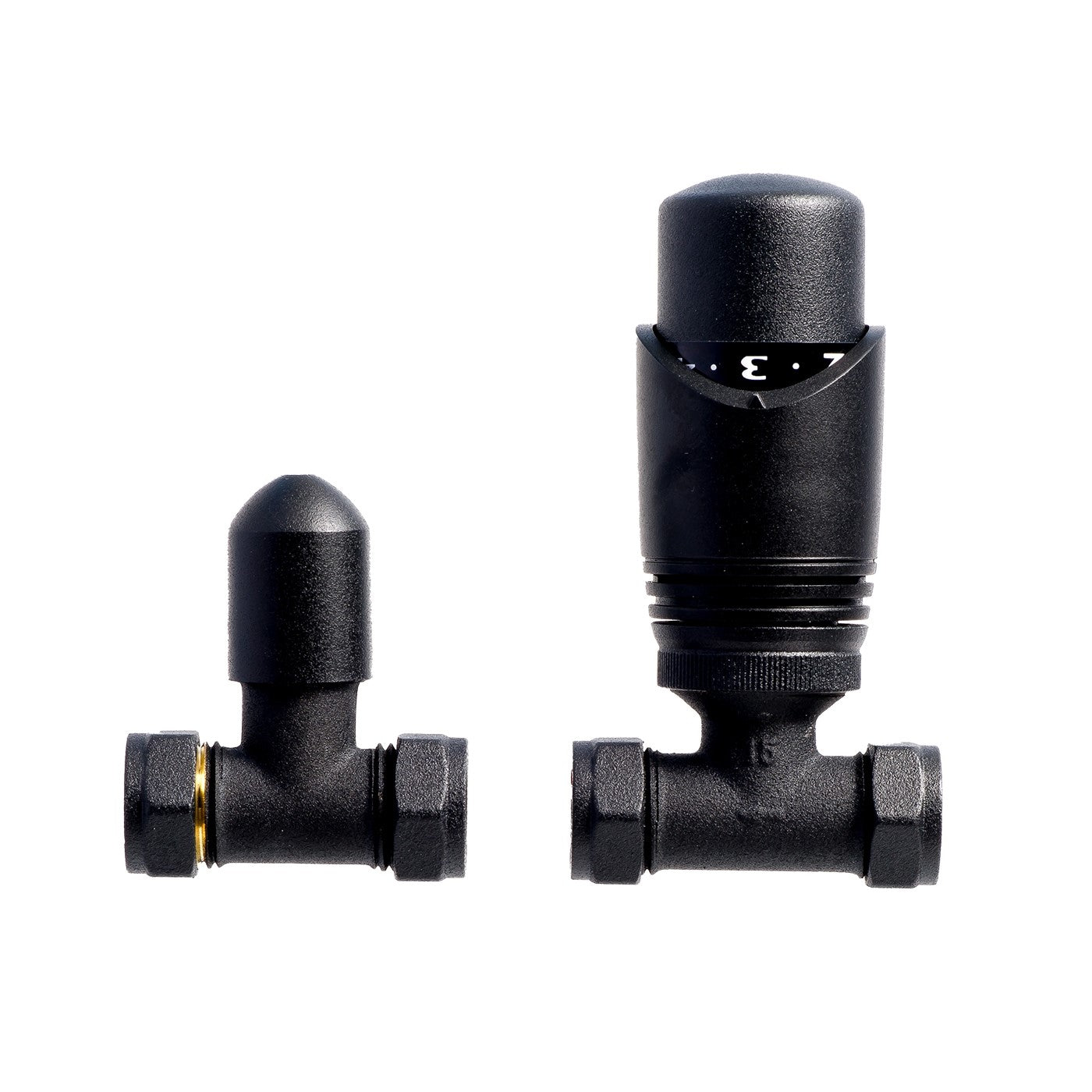 Straight Black Thermostatic Radiator Valves & Lockshield 15mm (1 pair)